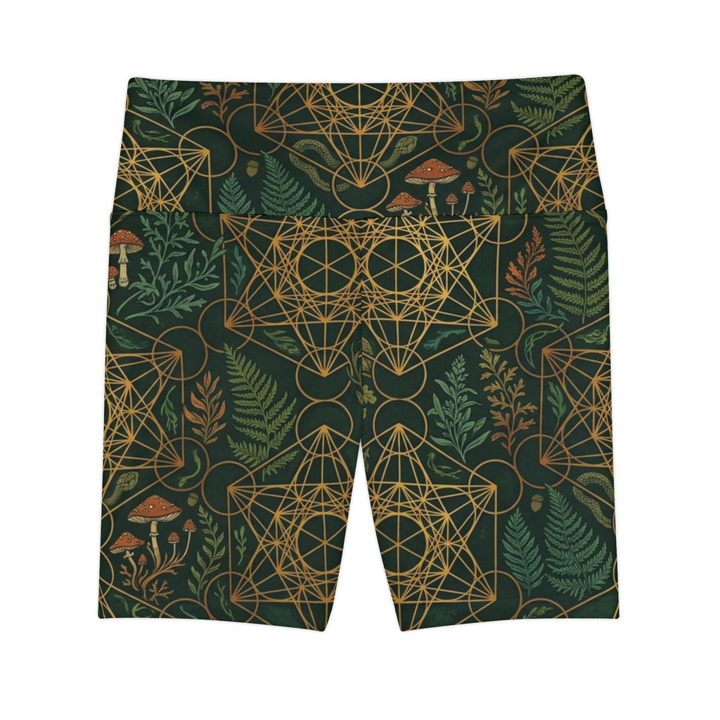 Sacred Geometry Ferns and Mushrooms Shorts | Green Botanical Pattern