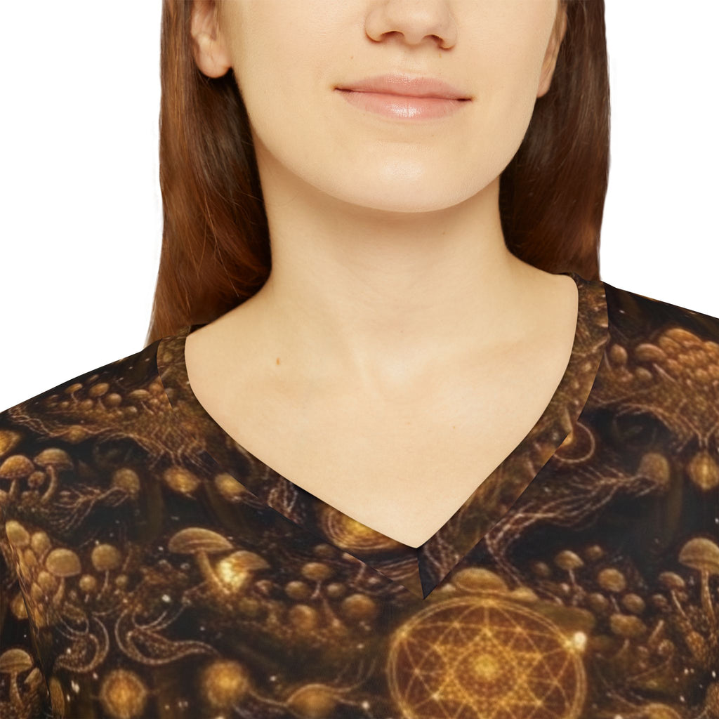 Golden Kaleidoscope Pattern Women's Long Sleeve V-neck Shirt | All-over Print, Burner Gear