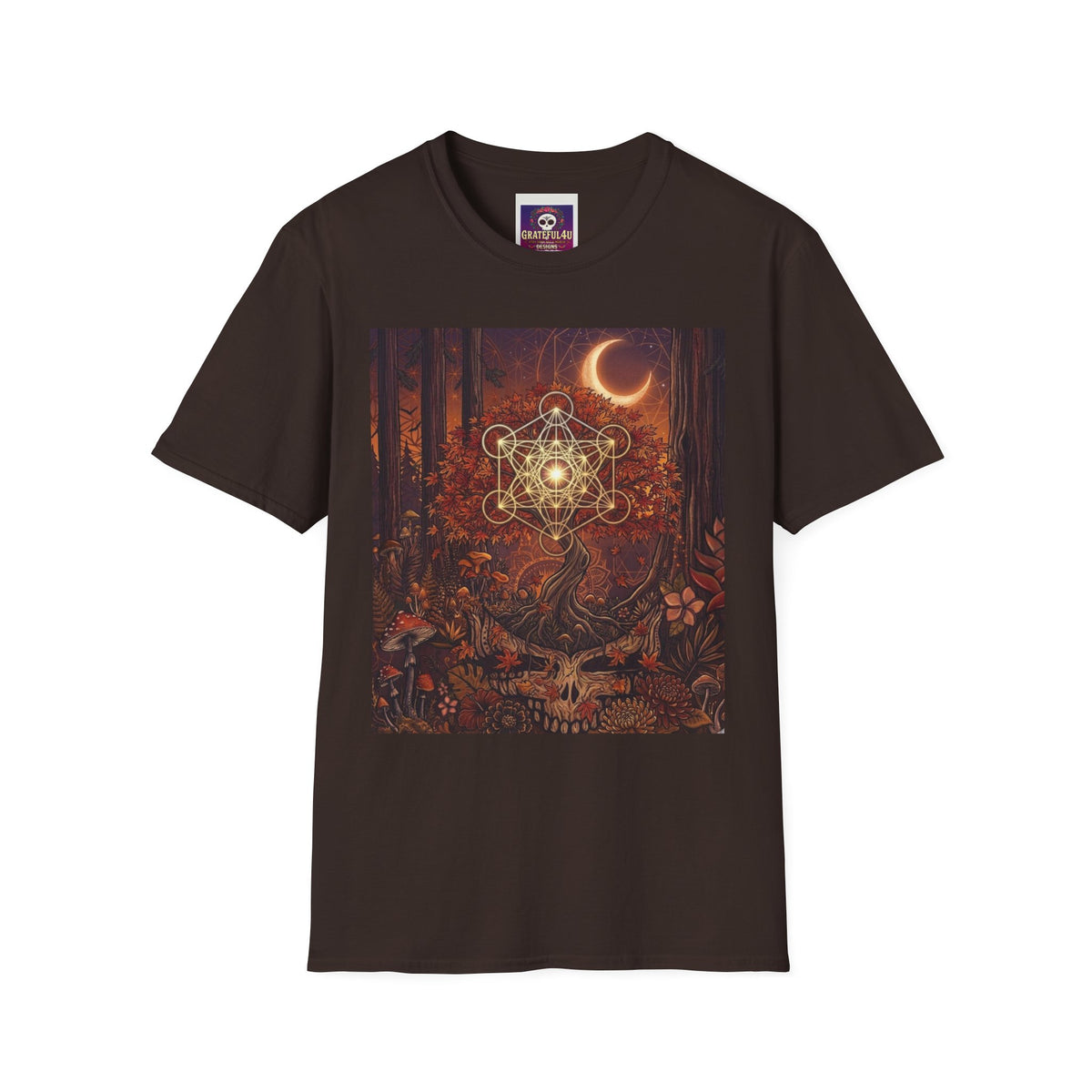 Sacred Geometry Forest Skull T-Shirt | Crescent Moon, Mystical Mushroom Art,Deadhead gift