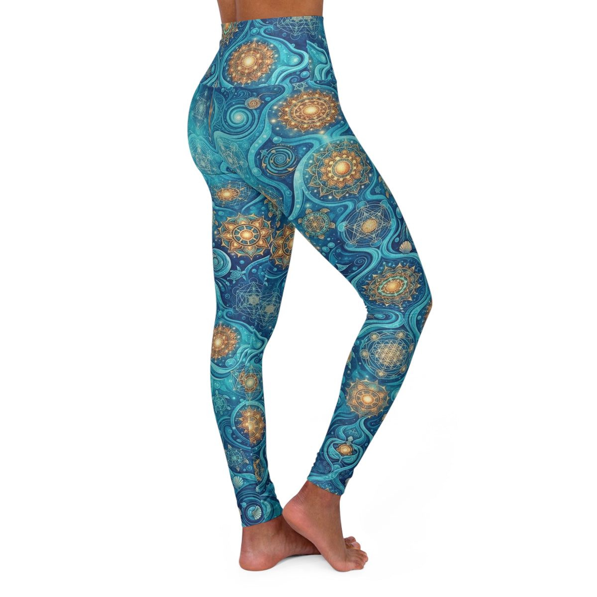 Teal Gold Mandala Pattern Leggings | High Waisted Yoga Leggings