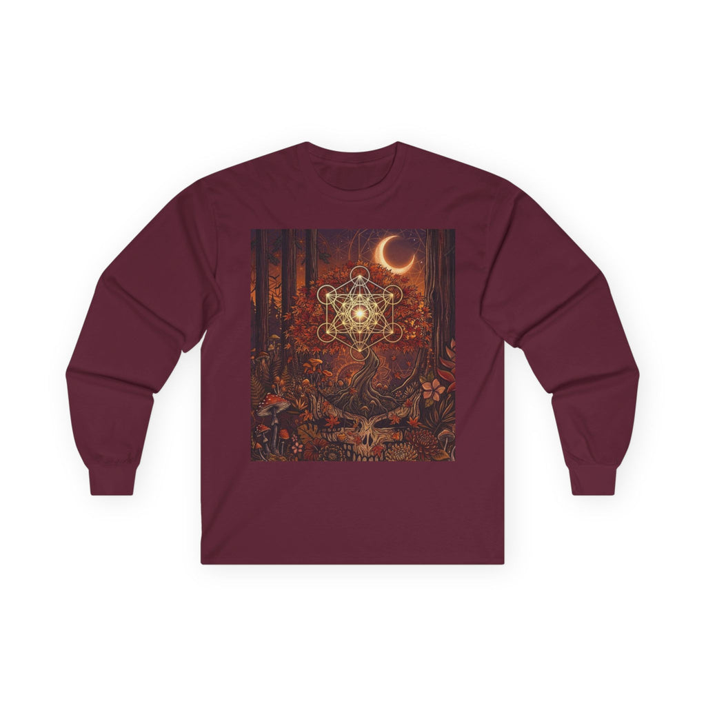 Mystic Crescent Mandala Long Sleeve Tee | Boho Moon Spiritual Art