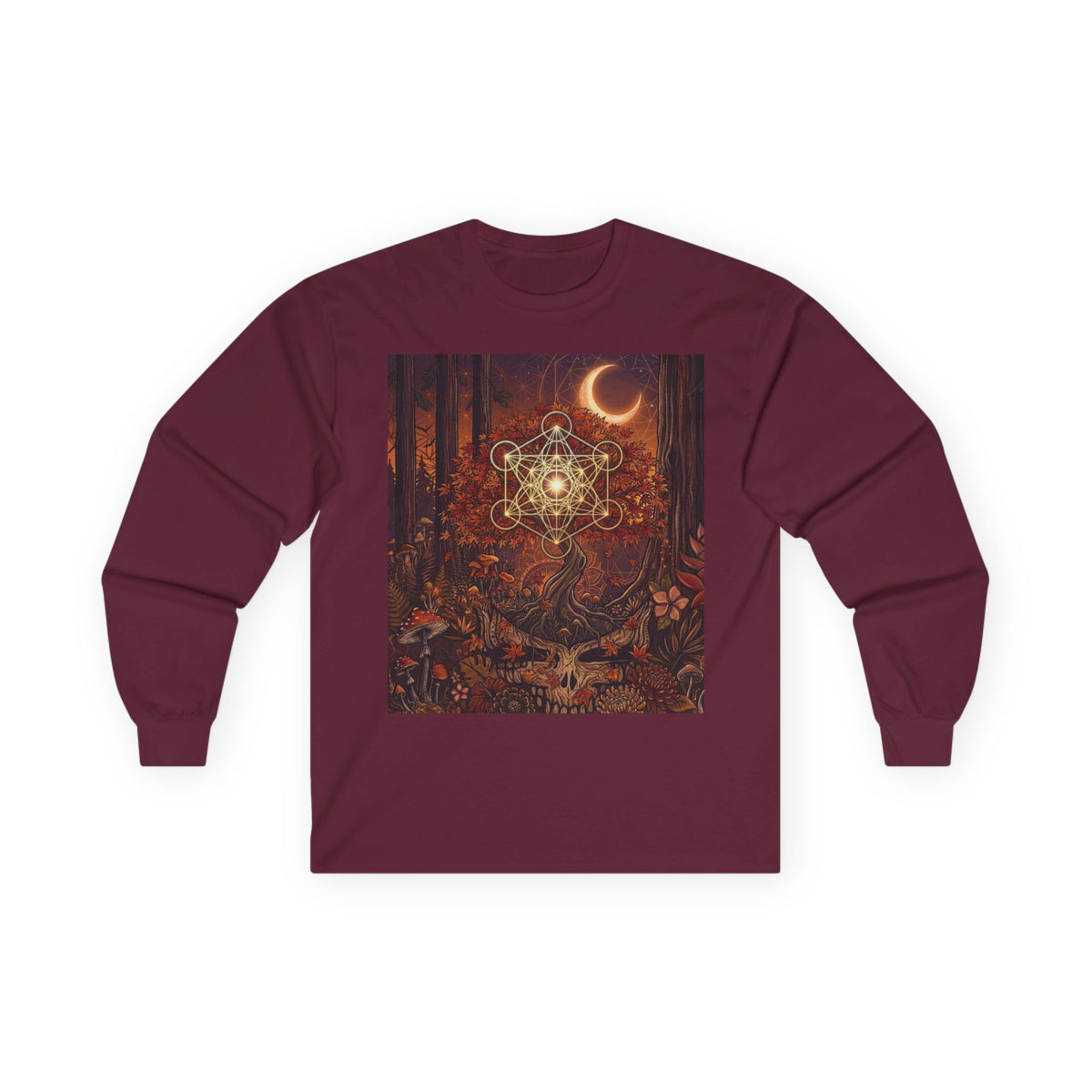 Mystic Crescent Mandala Long Sleeve Tee | Boho Moon Spiritual Art