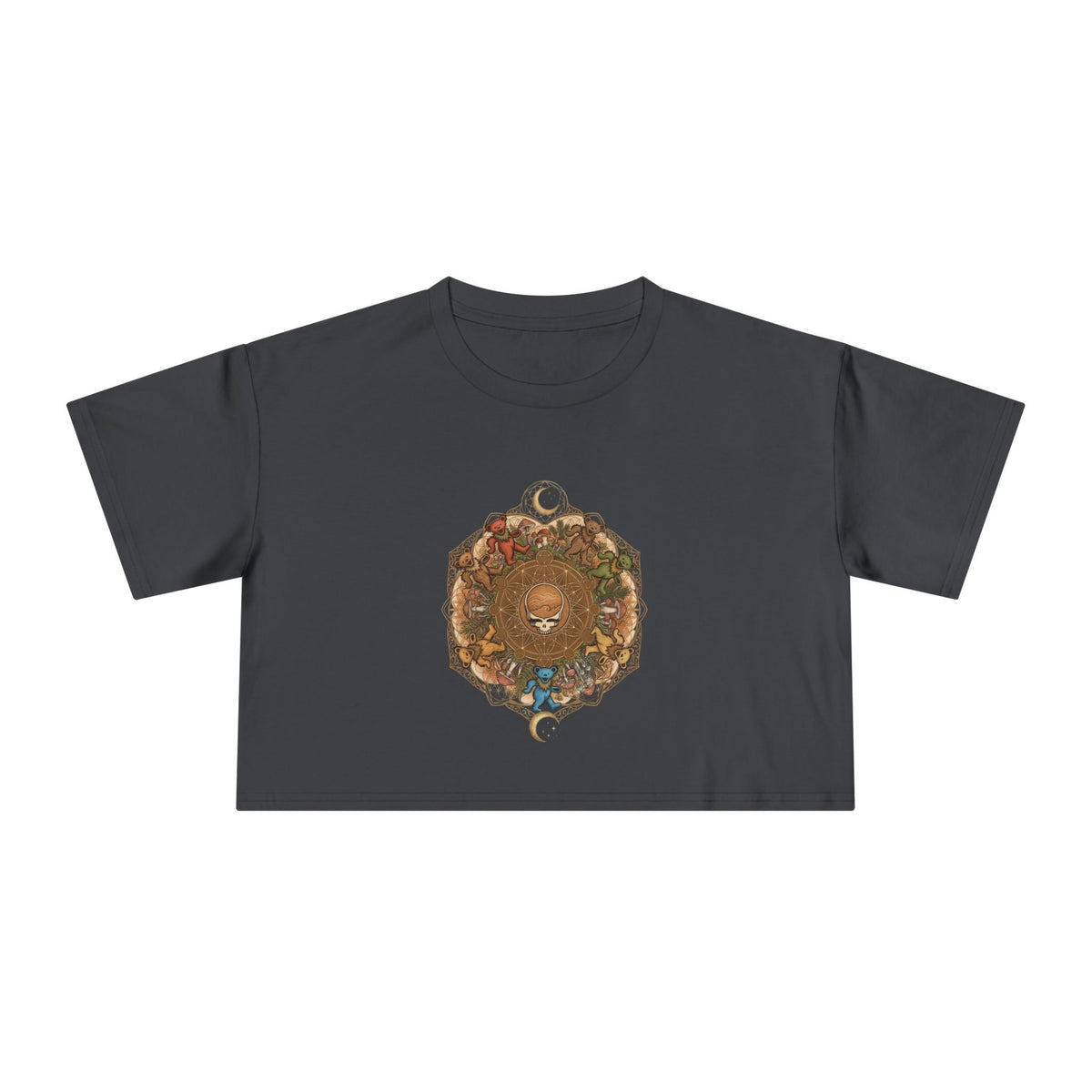 Celestial Lion Mandala Crop Tee | Moon, Flowers, Boho Sun Tee