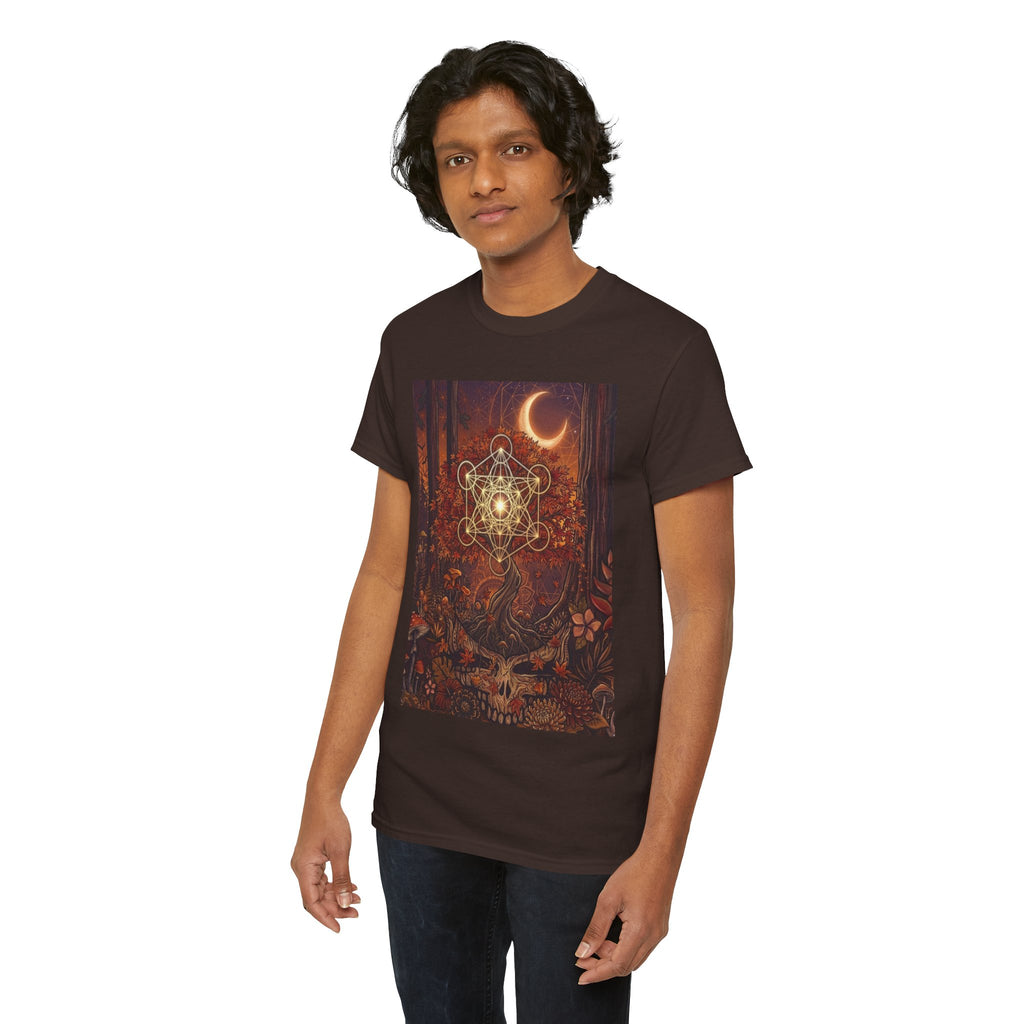 Metatron's Cube Crescent Moon T-Shirt | Mystic Forest Skull Design, Deadhead gift