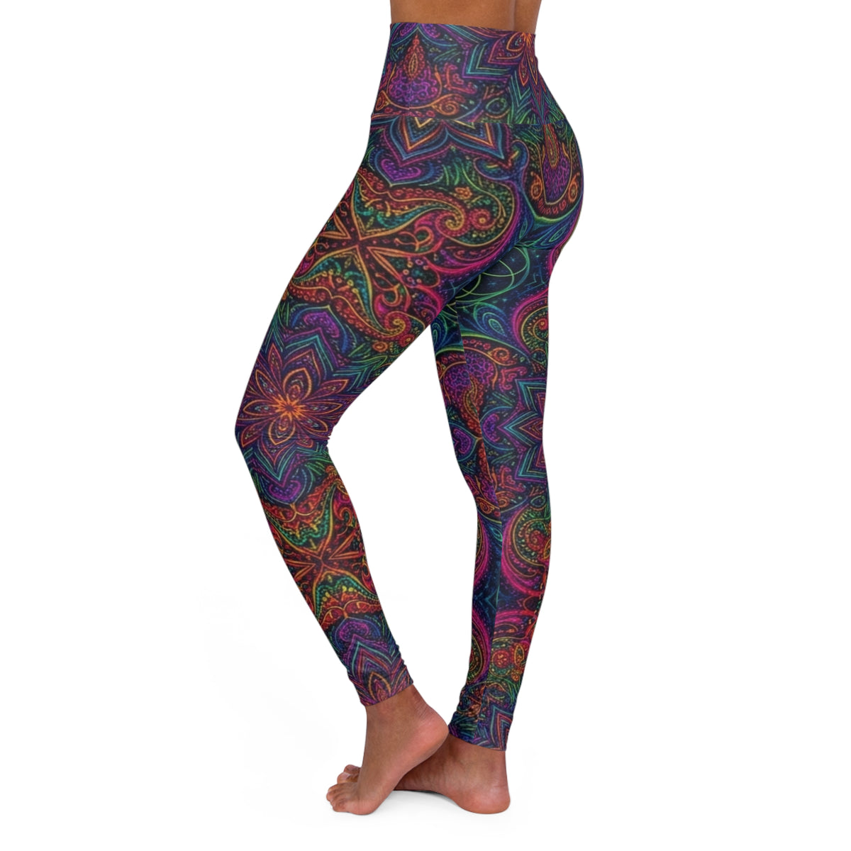 Psychedelic Mandala Leggings | High Waisted  Floral Swirl Print, Trippy Neon Fractal Pants Bohemian Festival Rave Wear