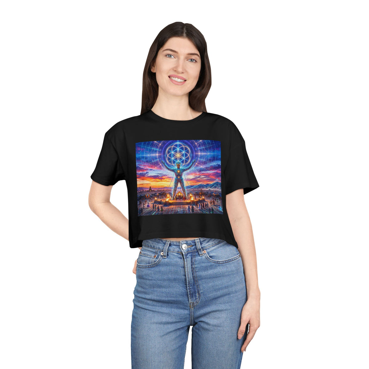 Sacred Geometry Figure Crop Tee | Spiritual Sunset Meditation