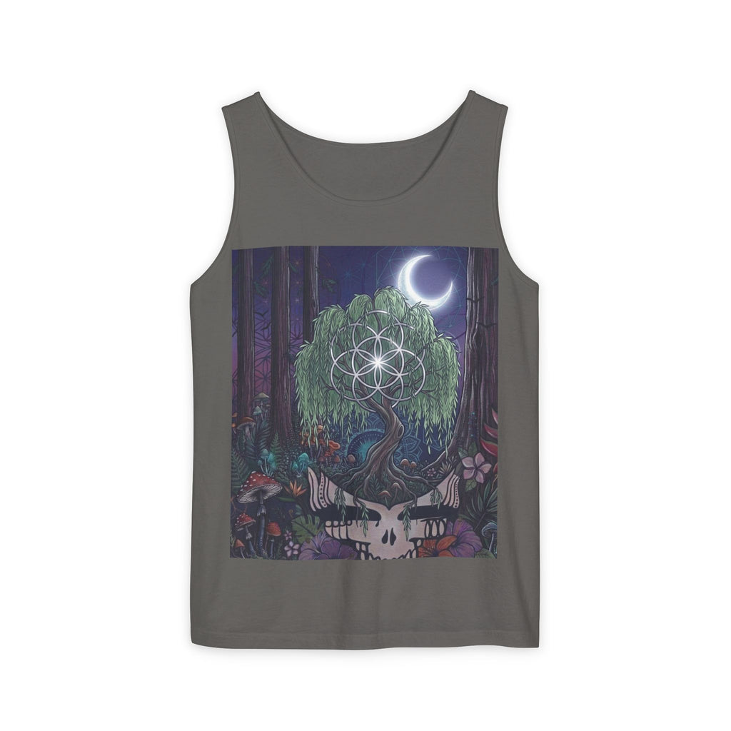 Mystical Moonlit Forest Tree Tank Top | Crescent Moon, Geometric Flower of Life