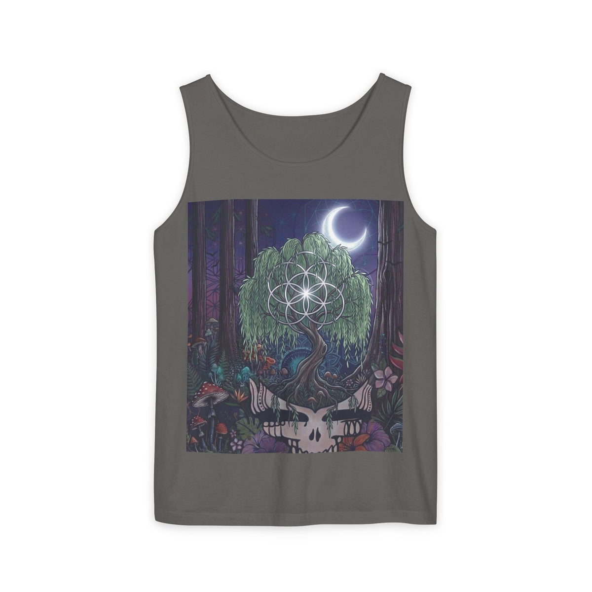 Mystical Moonlit Forest Tree Tank Top | Crescent Moon, Geometric Flower of Life
