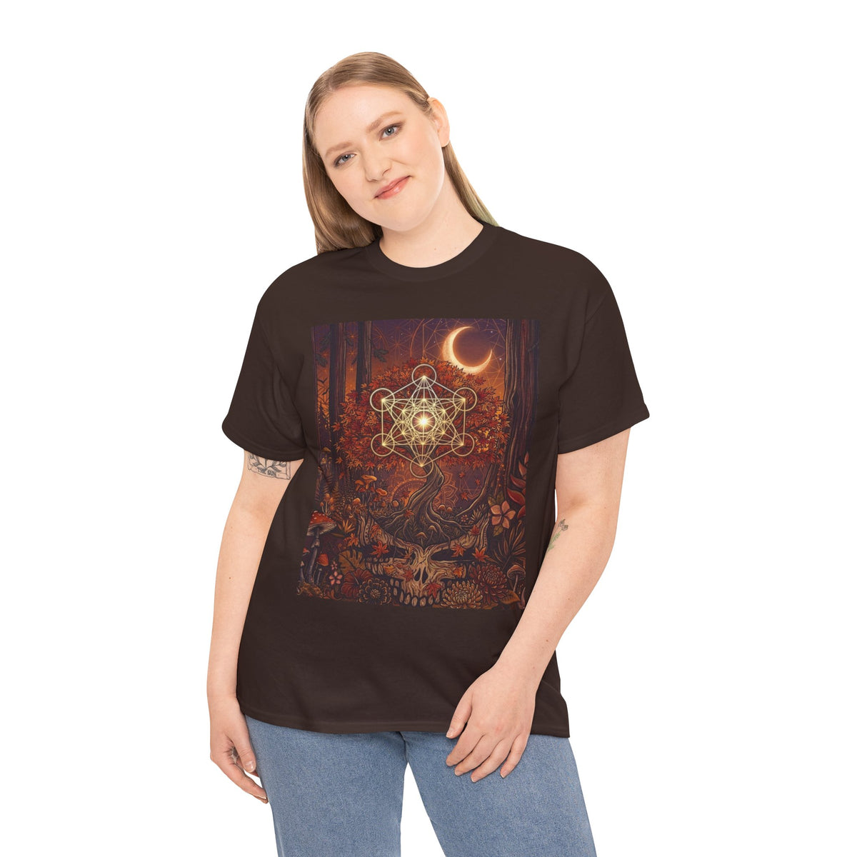Metatron's Cube Crescent Moon T-Shirt | Mystic Forest Skull Design, Deadhead gift