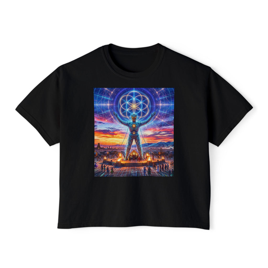 Sacred Geometry Stargazer Tee | Spiritual Mandala Figure, Cosmic Sunset