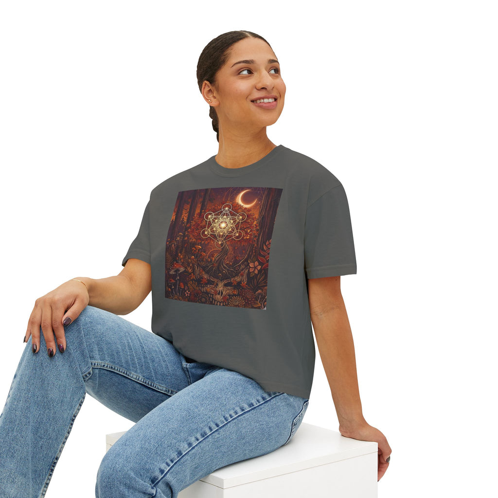 Mystic Forest Mandala Women's Boxy Tee | Crescent Moon, Woodland Animals, Boho Art, deadhead gift