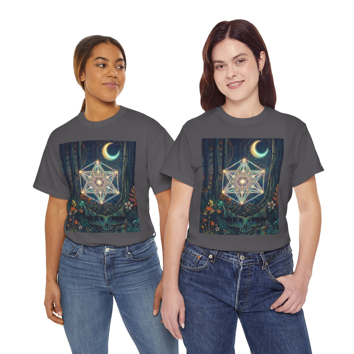 Sacred Geometry Star with Moon T-Shirt | Mystic Skull Forest Design, deadhead gift