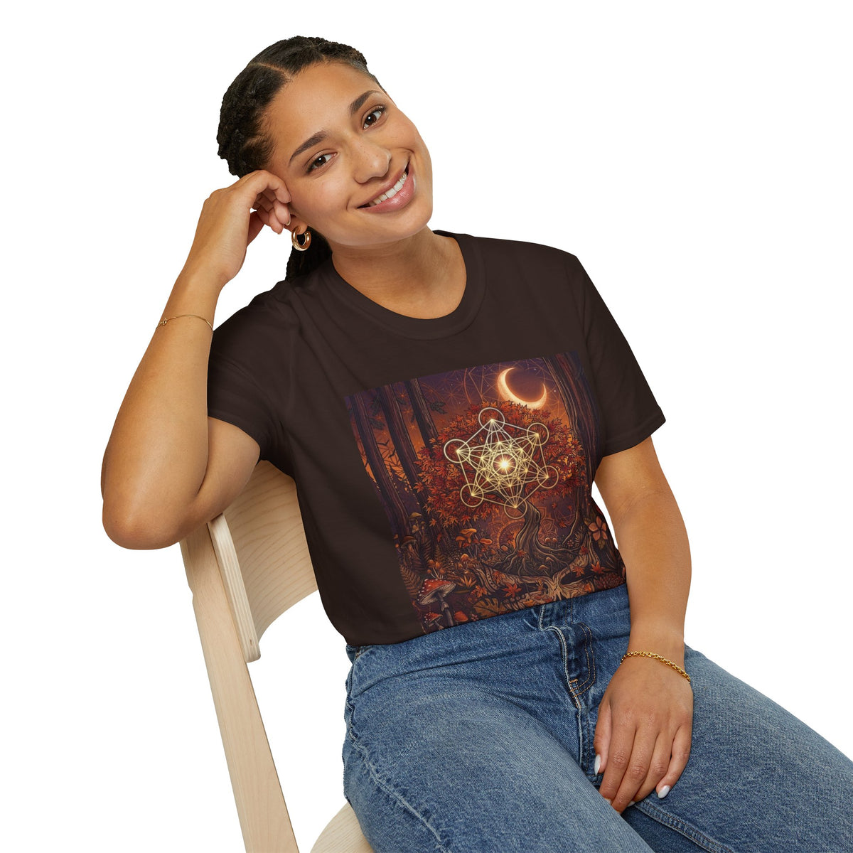 Sacred Geometry Forest Skull T-Shirt | Crescent Moon, Mystical Mushroom Art,Deadhead gift