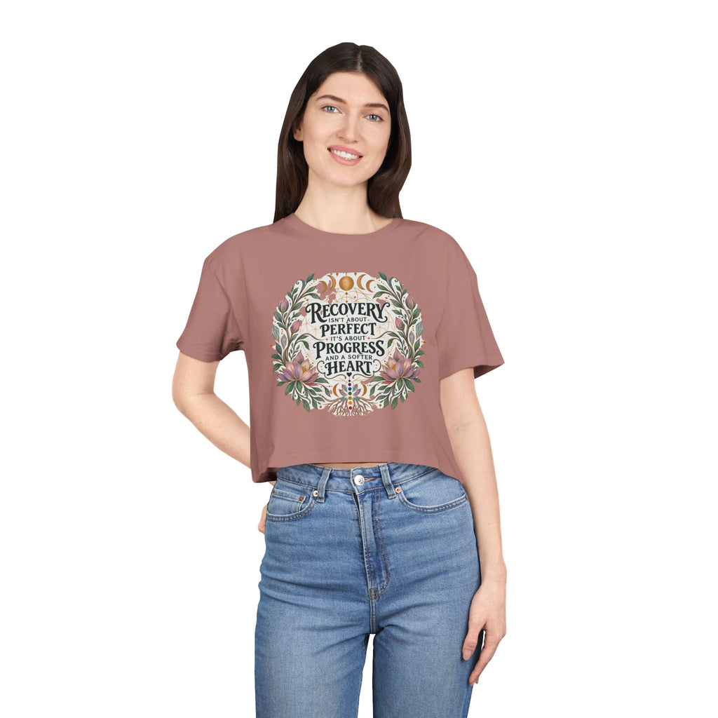 Recovery Is Progress Crop Tee | Floral Laurel Design, Inspirational Quote