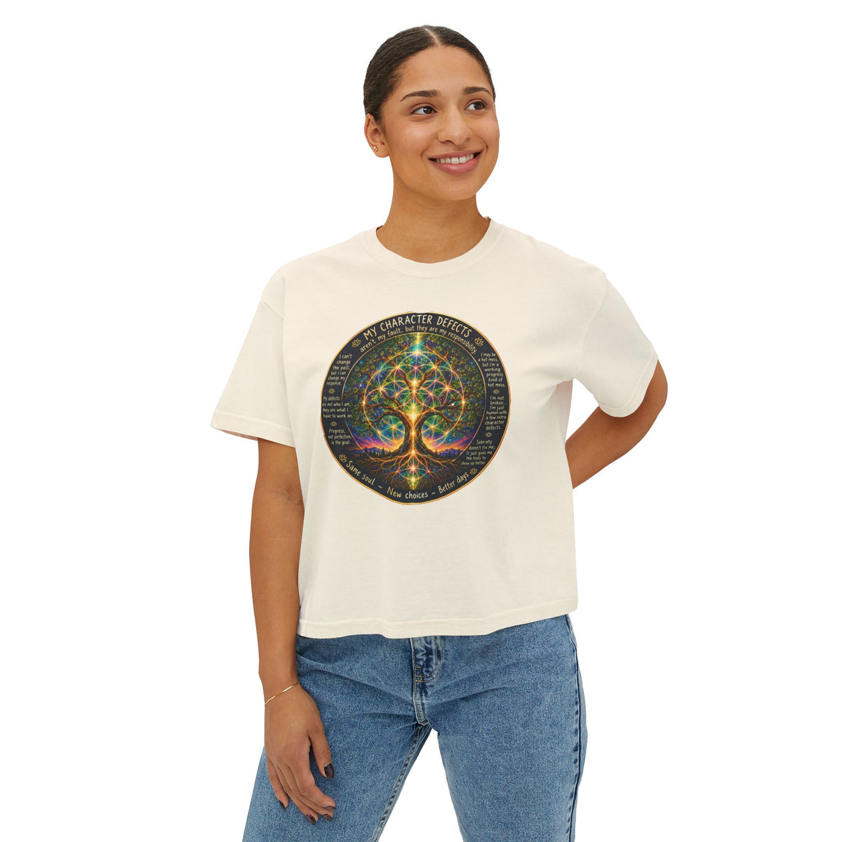 NA Recovery Tree of Life Mandala Women's Boxy Tee, Spiritual Chakra Yoga Shirt, Twelve Step Fellowship Slogan Crop T-Shirt