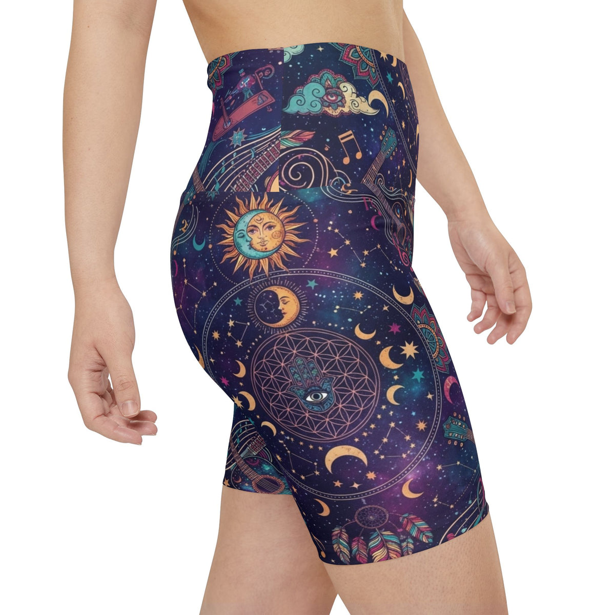 Celestial Music Pattern Workout Shorts | Cosmic Moon Sun Guitar
