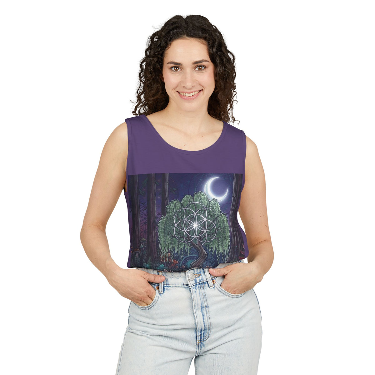 Mystical Moonlit Forest Tree Tank Top | Crescent Moon, Geometric Flower of Life