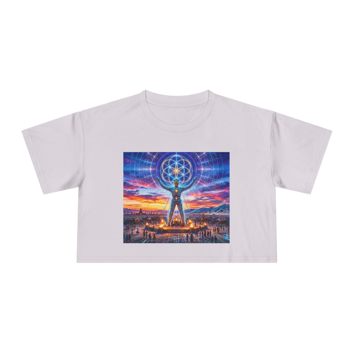 Cosmic Human Figure with Flower of Life Crop Tee | Spiritual Geometry T-Shirt, Burning Man Crop top, Vision Quest, Deadhead