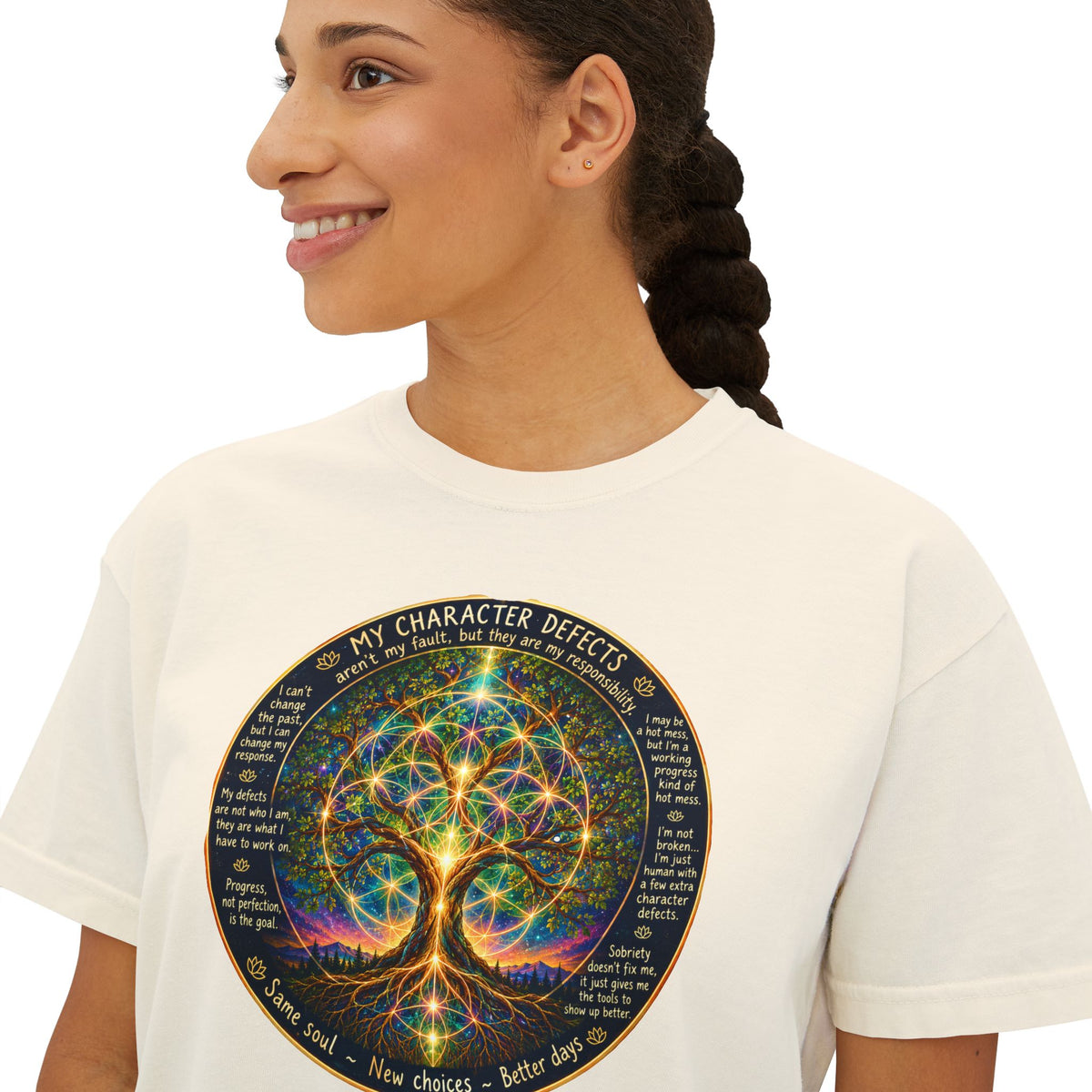 NA Recovery Tree of Life Mandala Women's Boxy Tee, Spiritual Chakra Yoga Shirt, Twelve Step Fellowship Slogan Crop T-Shirt