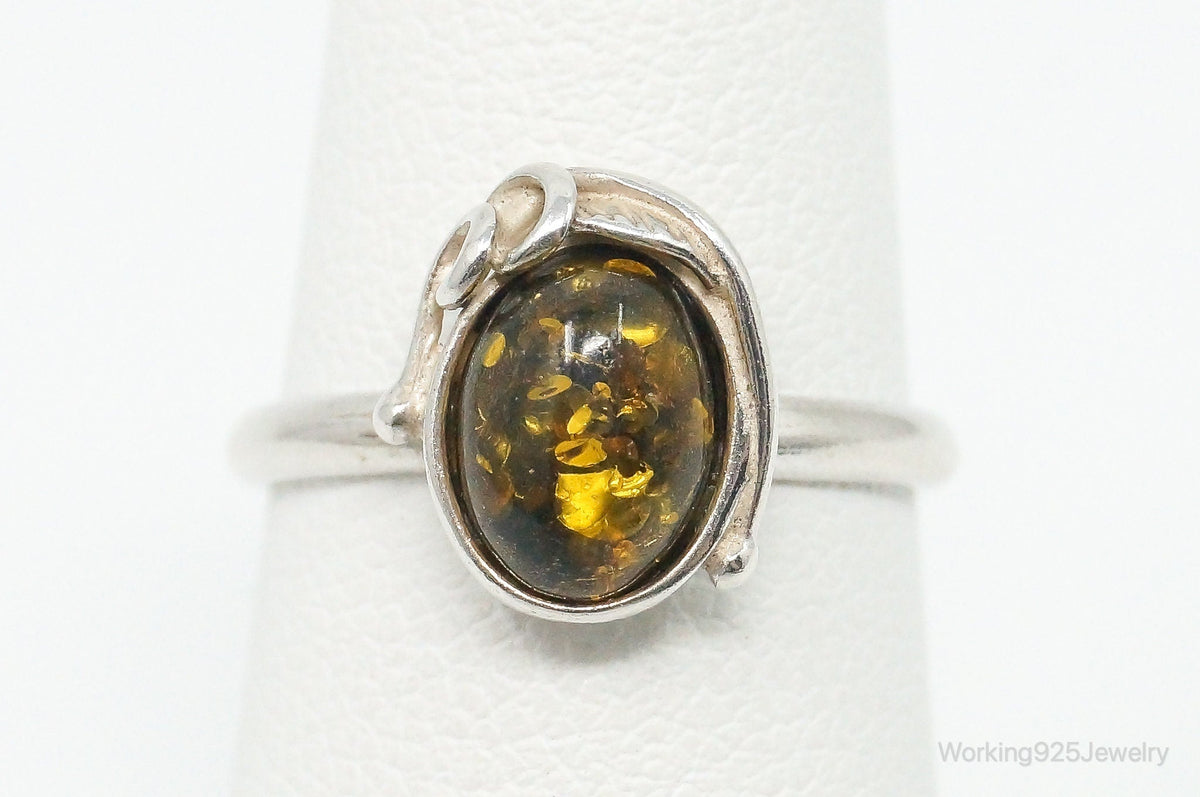 Vintage Yellow Amber Modern Sterling Silver Ring - Size 4.75