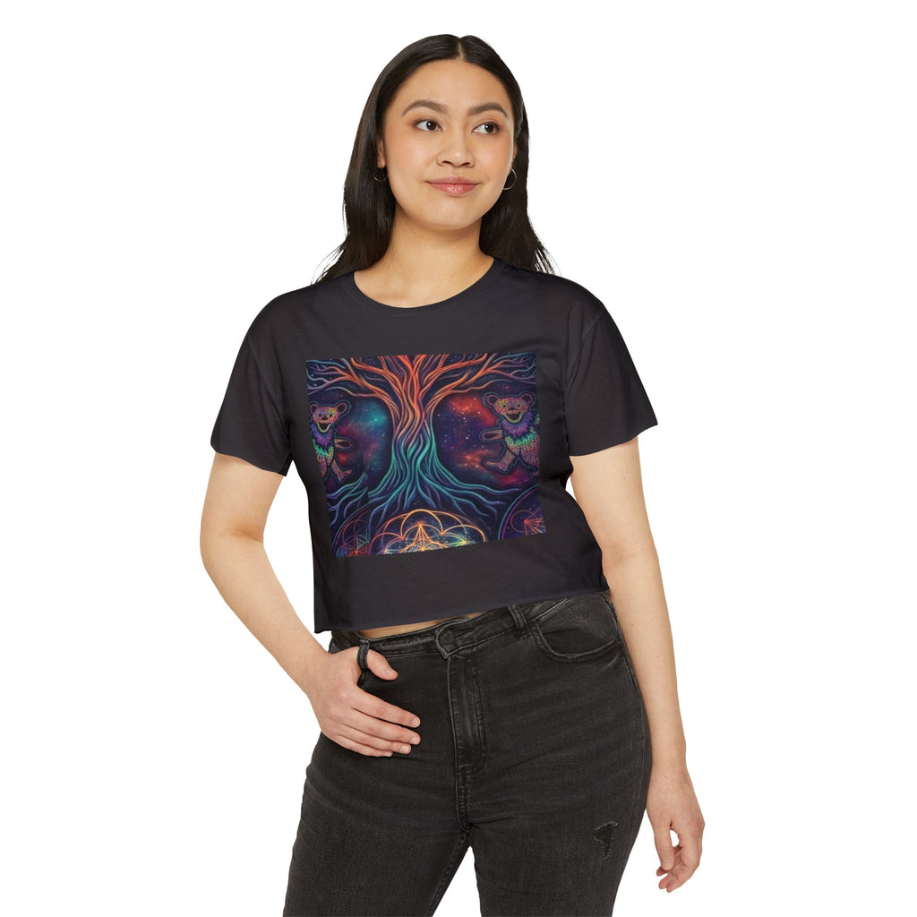 Deadhead Psychedelic Tree of Life Crop Top | Neon Cosmic Faces Festival Shirt, Trippy Sacred Geometry Mandala Tee
