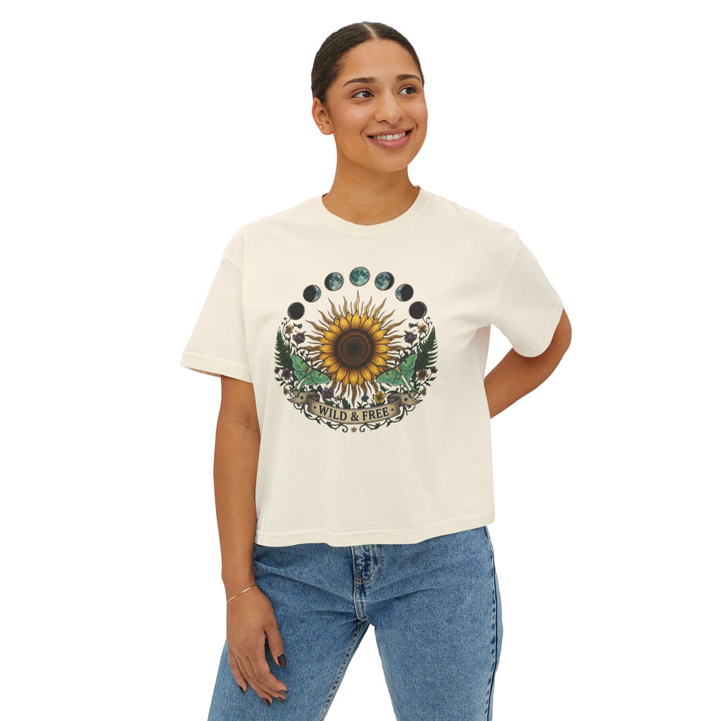 Sunflower Moon Phases Wild & Free Tee | Boxy Crop Shirt