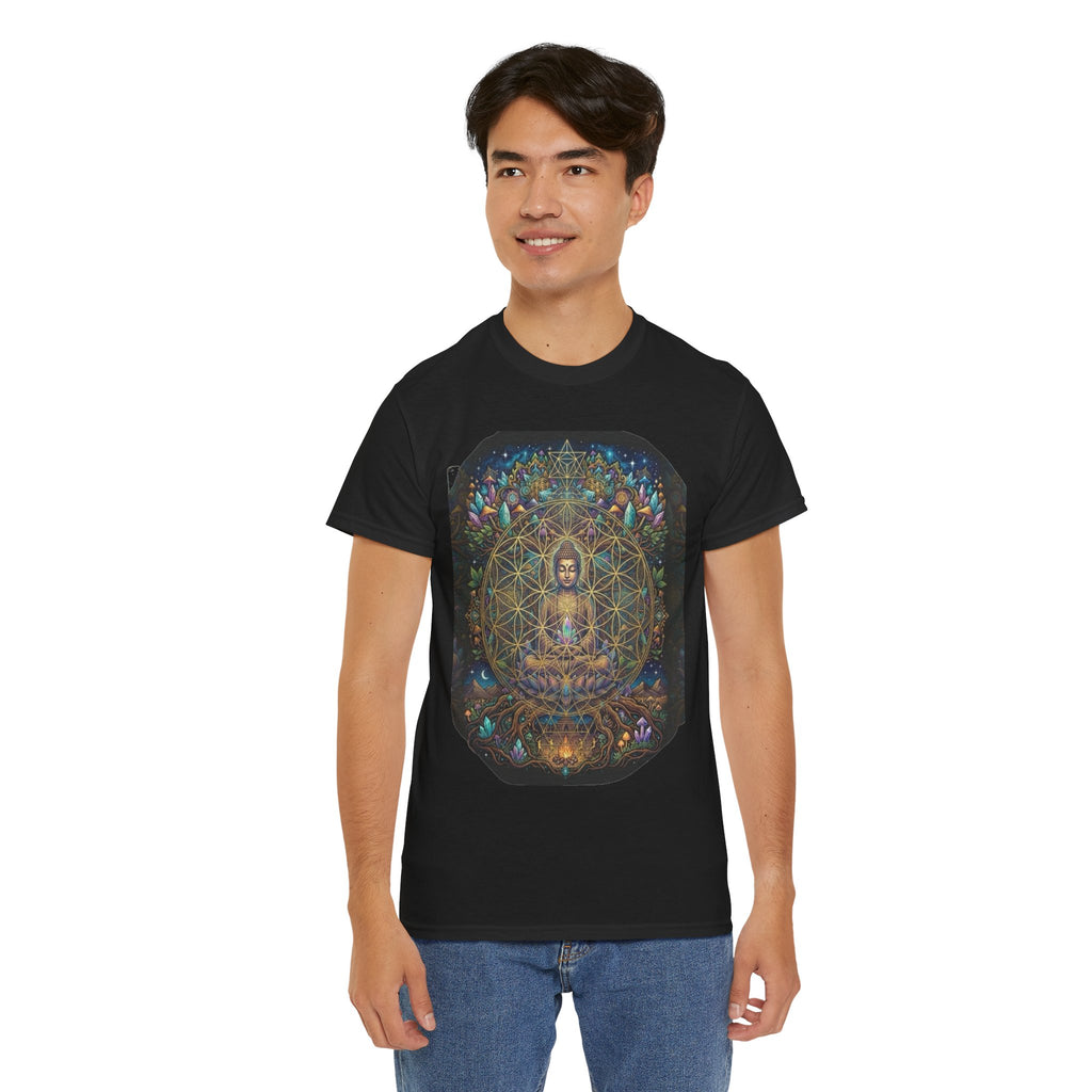 Meditating Buddha with Sacred Geometry Tee | Spiritual, Psychedelic Lotus Design