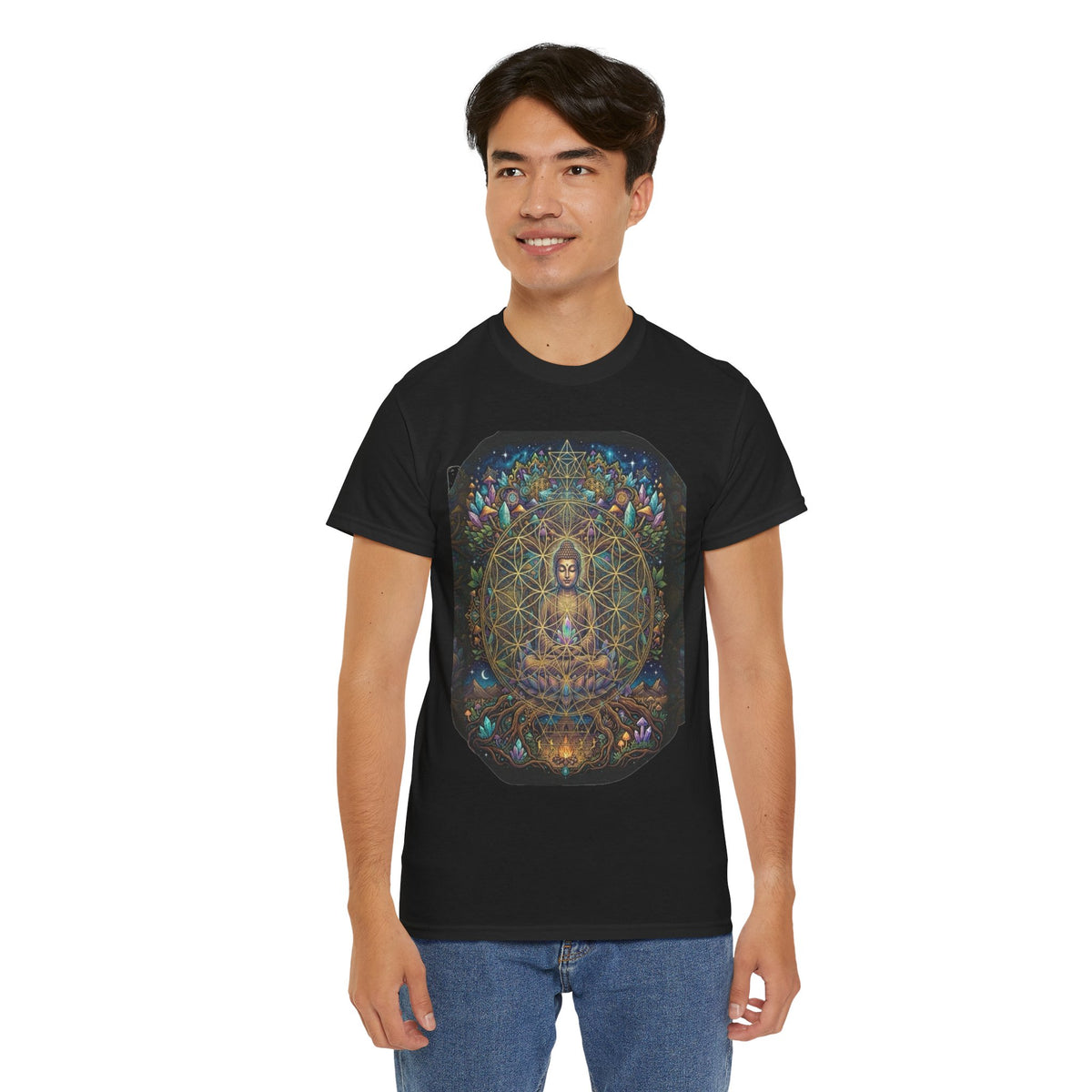 Meditating Buddha with Sacred Geometry Tee | Spiritual, Psychedelic Lotus Design