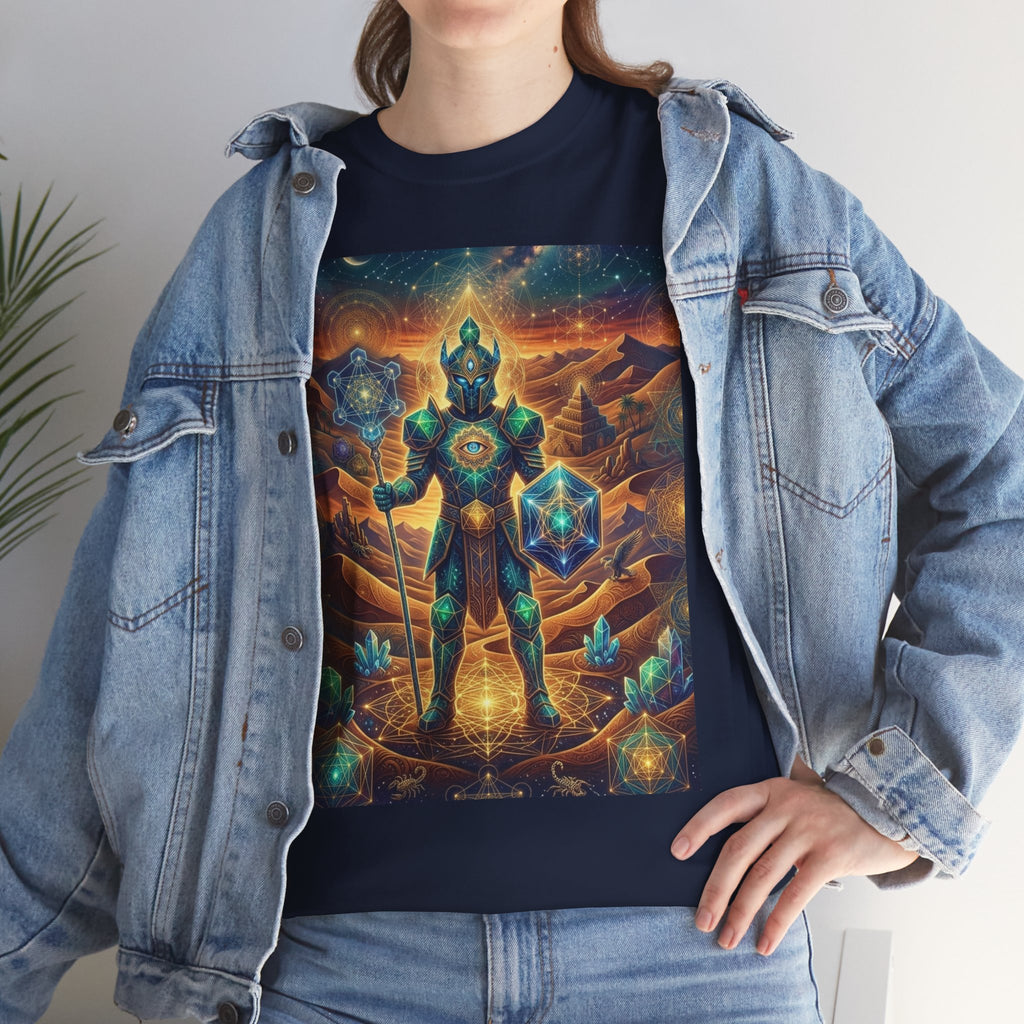 Cosmic Guardian Warrior T-Shirt | Mystic Geometric Armor, Starglow Artwork