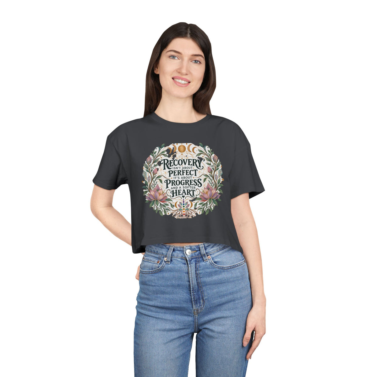 Recovery Is Progress Crop Tee | Floral Laurel Design, Inspirational Quote