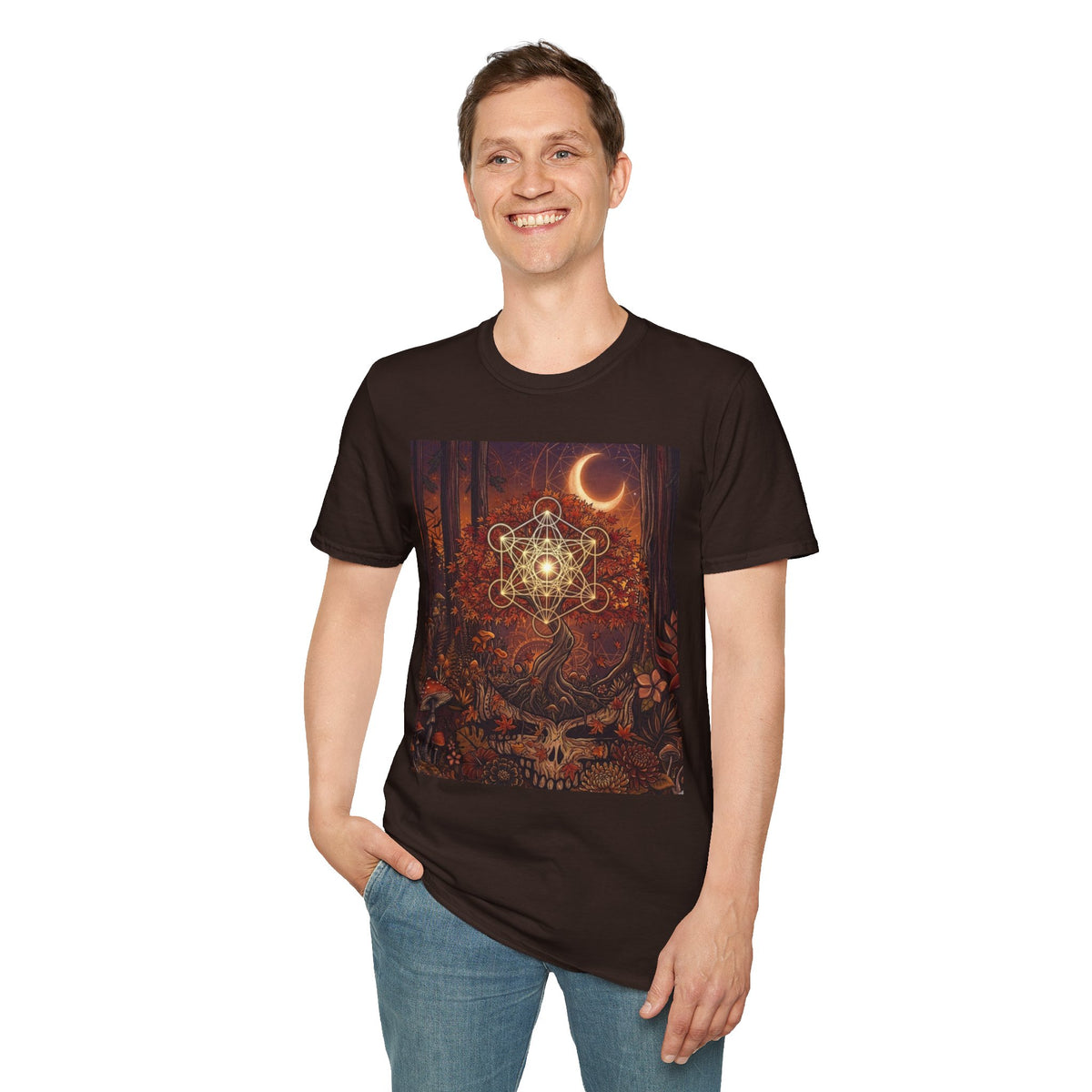 Sacred Geometry Forest Skull T-Shirt | Crescent Moon, Mystical Mushroom Art,Deadhead gift