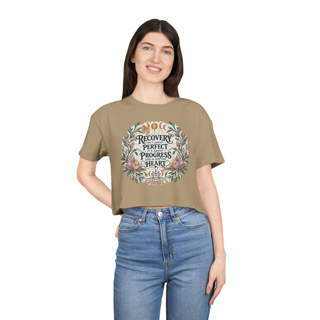 Recovery Is Progress Crop Tee | Floral Laurel Design, Inspirational Quote