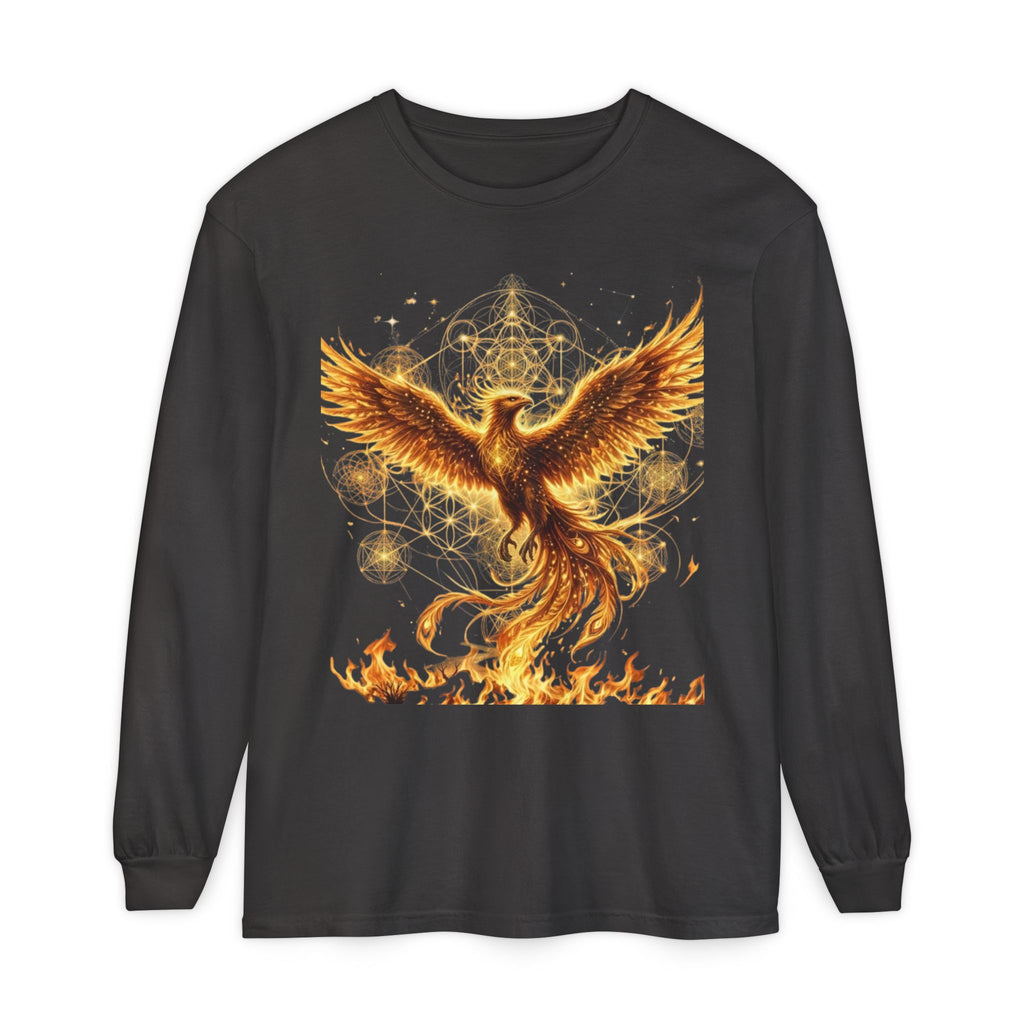 Fiery Phoenix Rising Long Sleeve | Golden Flame Bird Illustration