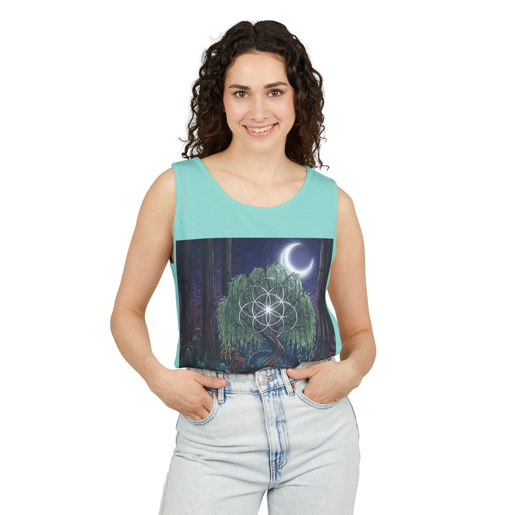 Mystical Moonlit Forest Tree Tank Top | Crescent Moon, Geometric Flower of Life