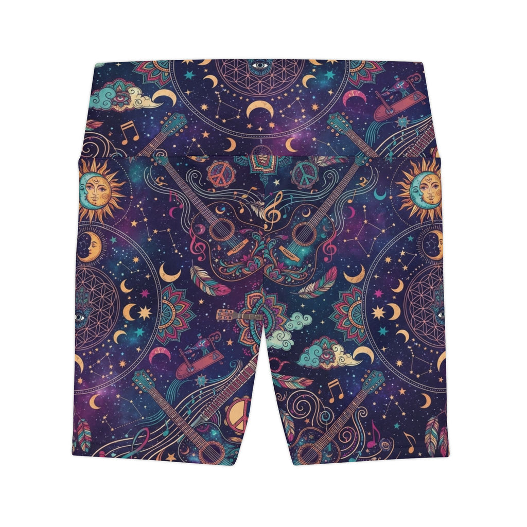 Celestial Music Pattern Workout Shorts | Cosmic Moon Sun Guitar