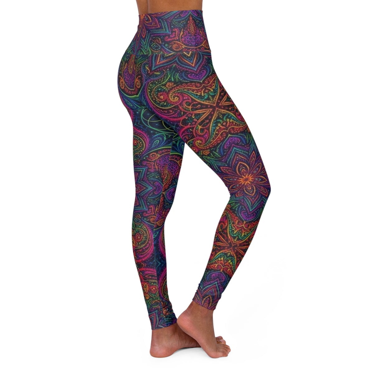 Psychedelic Mandala Leggings | High Waisted  Floral Swirl Print, Trippy Neon Fractal Pants Bohemian Festival Rave Wear