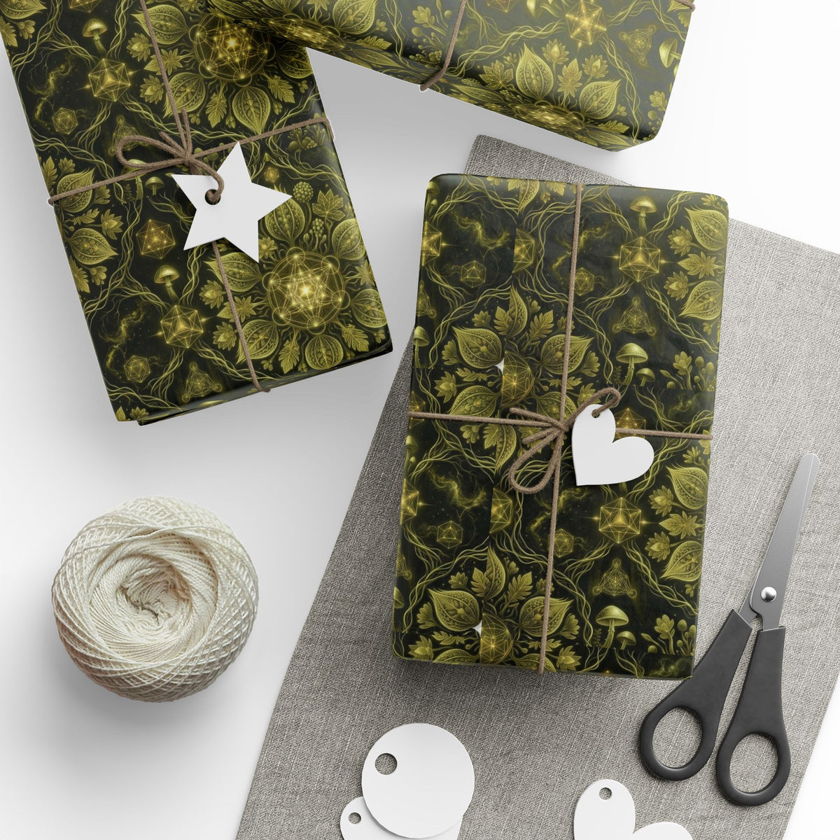 Gold Floral Pattern Wrapping Paper | Dark Green Botanical Gift Wrap, Hippie gift wrap, Deadhead gift wrap, sacred geometry