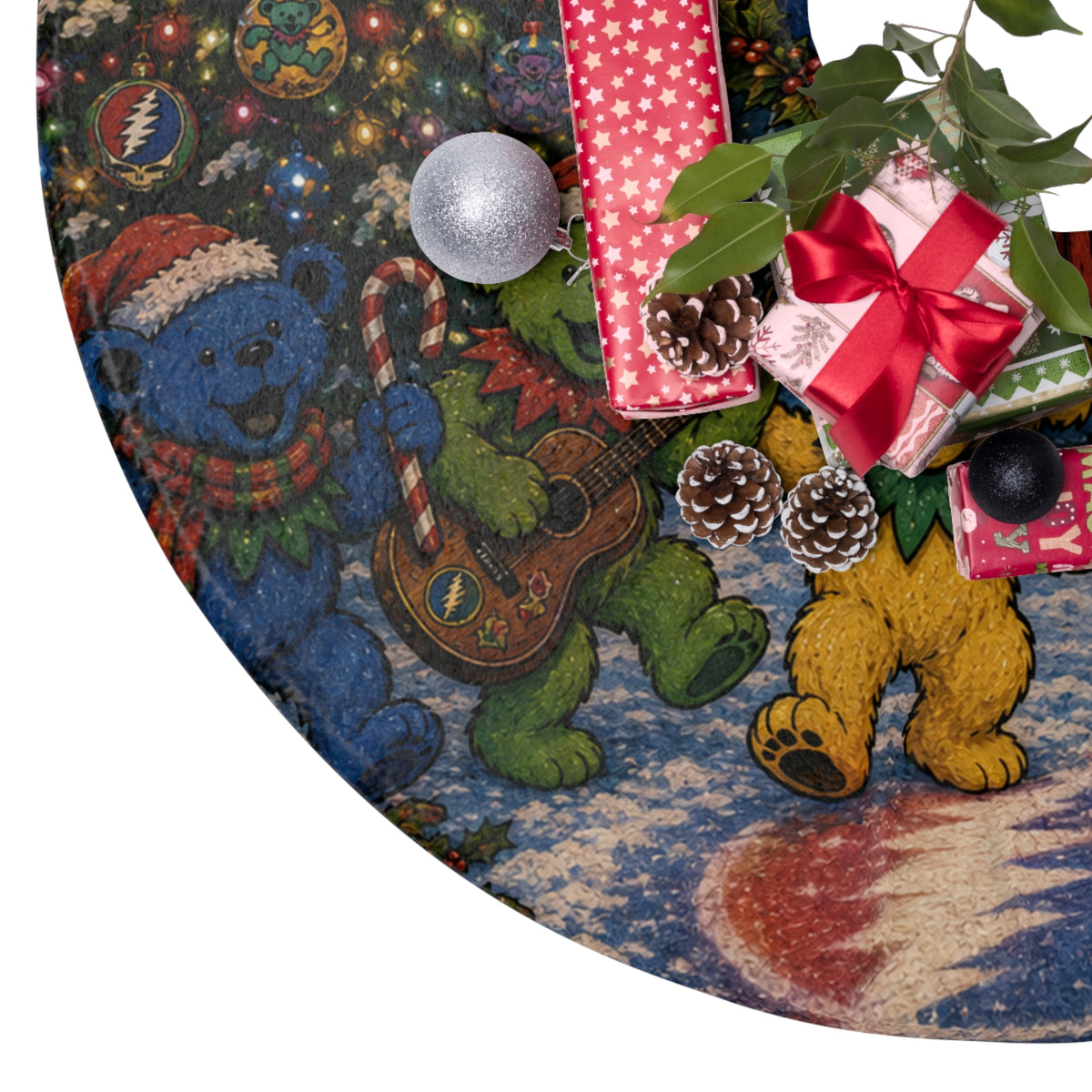 Happy Holidaze Dancing Bears Christmas Tree Skirt | Peace Love Gratitude Holiday Décor, grateful dead inspired
