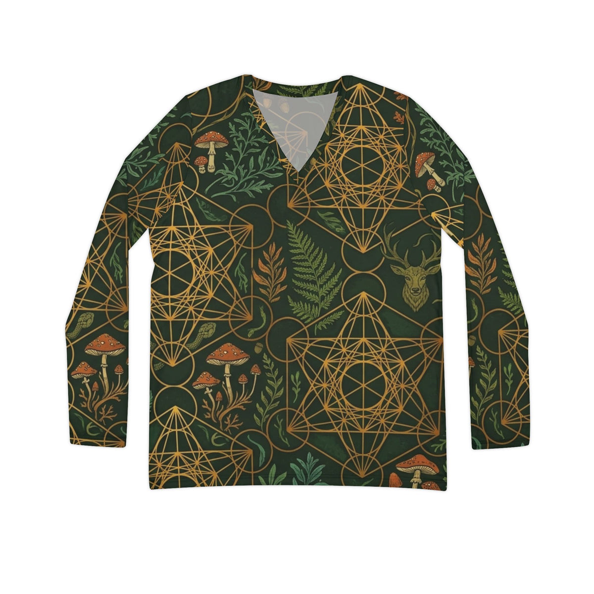 Botanical Geometric Pattern V-neck Long Sleeve Shirt | Mushrooms, Ferns