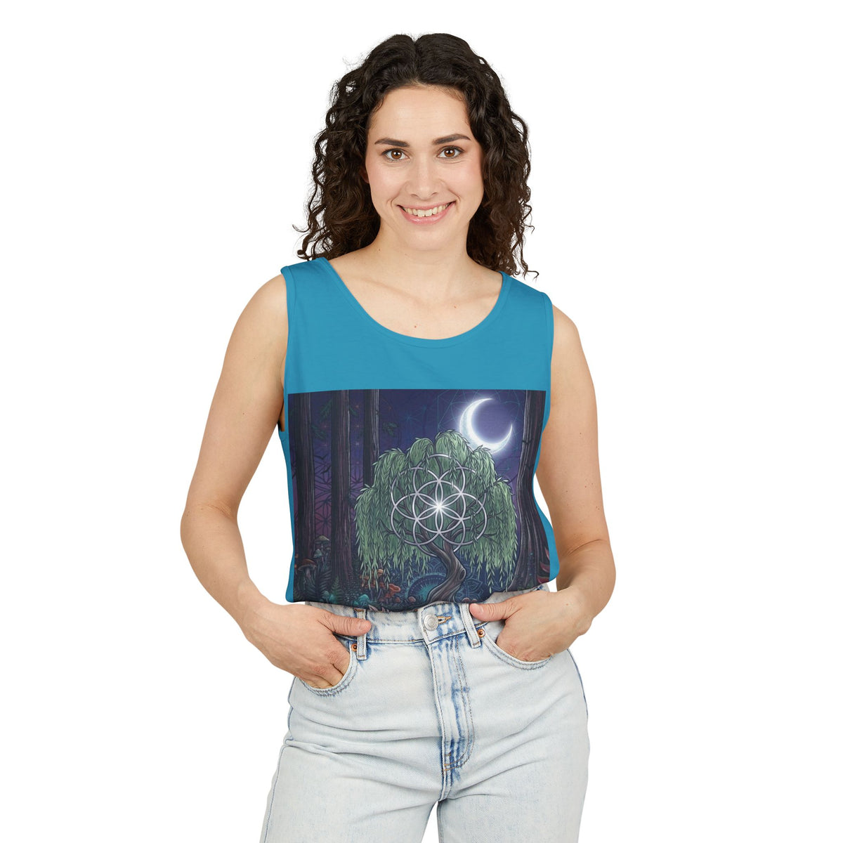 Mystical Moonlit Forest Tree Tank Top | Crescent Moon, Geometric Flower of Life