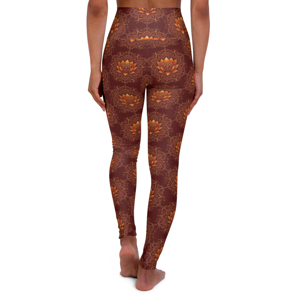 Golden Lotus Pattern High Waisted Leggings | Brown Floral Yoga Leggings