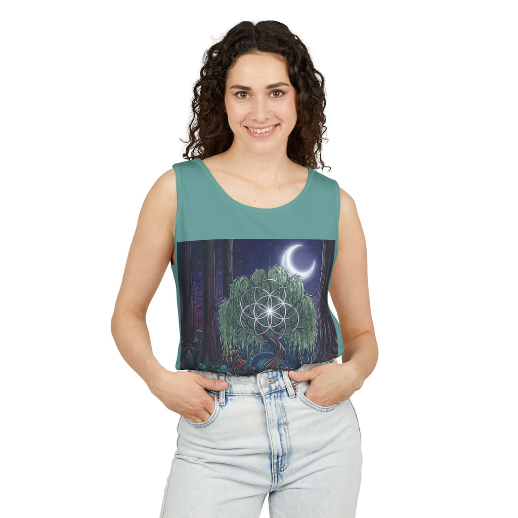 Mystical Moonlit Forest Tree Tank Top | Crescent Moon, Geometric Flower of Life