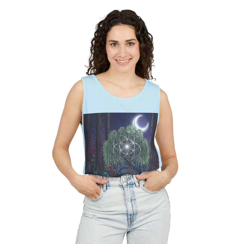 Mystical Moonlit Forest Tree Tank Top | Crescent Moon, Geometric Flower of Life