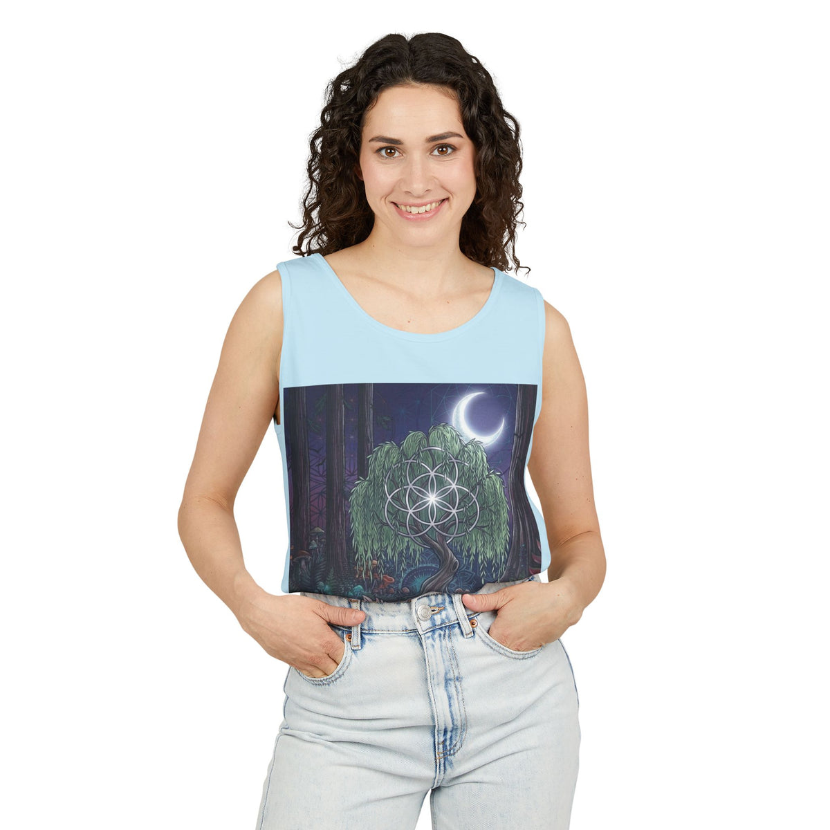 Mystical Moonlit Forest Tree Tank Top | Crescent Moon, Geometric Flower of Life