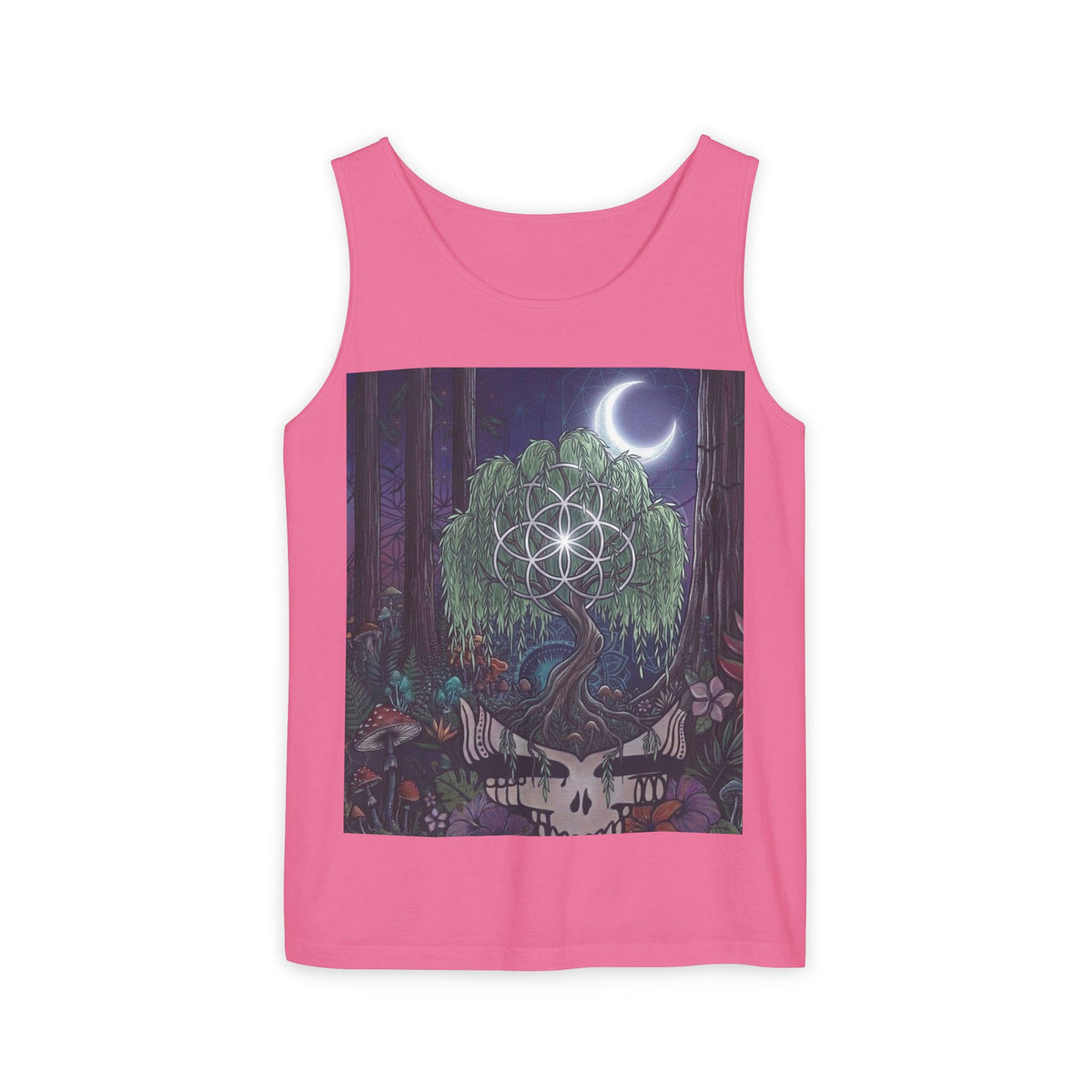 Mystical Moonlit Forest Tree Tank Top | Crescent Moon, Geometric Flower of Life