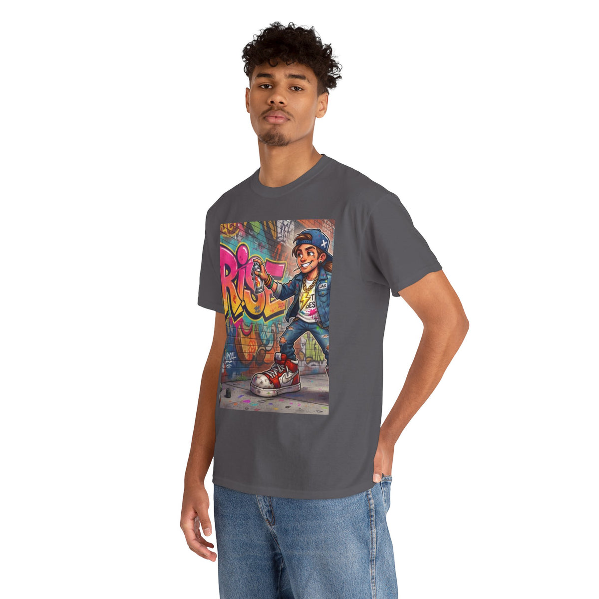 Graffiti Kid Skateboard Art T-Shirt | Urban Streetwear, Colorful Spray Paint Design
