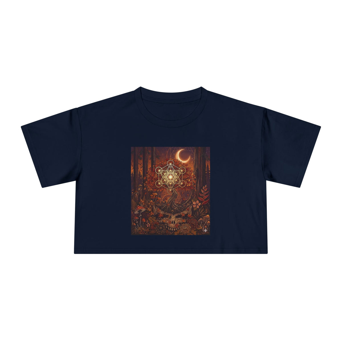 Celestial Moon Mandala Forest Scene Crop Tee | Mystic Night Nature Top
