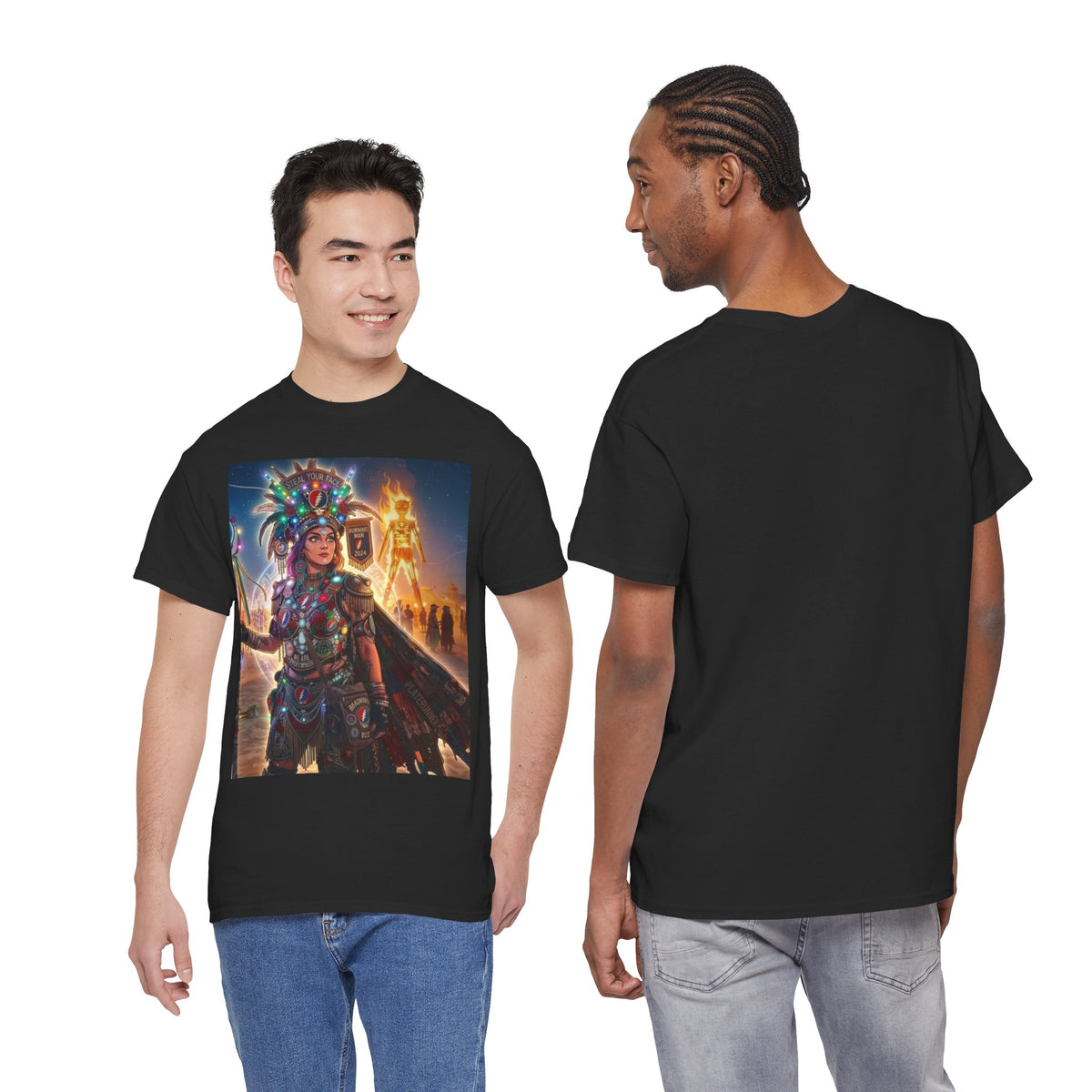 Aztec Warrior Art T-Shirt | Tribal Headdress, Festival Night Scene