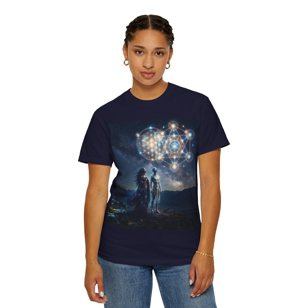 Sacred Geometry Starfolk T-shirt | Astral Couple, Metatron Cube Cosmic Design