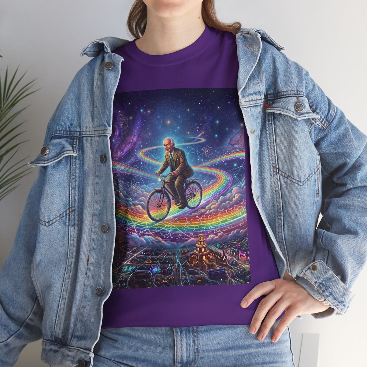 Albert Hoffman Riding Bicycle Through Rainbow Galaxy T-Shirt | Surreal Cosmic Art, Deadhead Gift